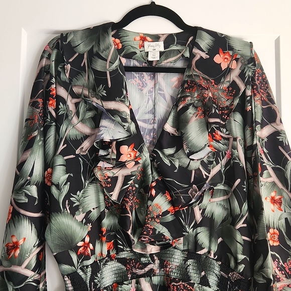 🌺Johanna Ortiz X H&M Floral Print Silky Dolman Sleeve Mini Dress, size M, Green - Picture 5 of 11